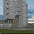 Modern High Rise Residential Building With Commercial Podium Green Lawn And Road Under Cloudy Sky