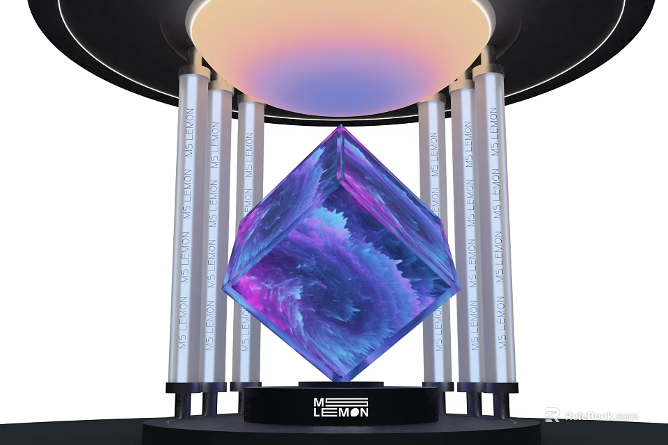 Purple Blue Gradient Cube With Illuminated Circular Top And White Columns HEMEN Base 3d model