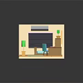 Cartoon Bedroom Scene With Wooden Bed Green Plants Blue Rug Wall Pictures And Air Conditioner