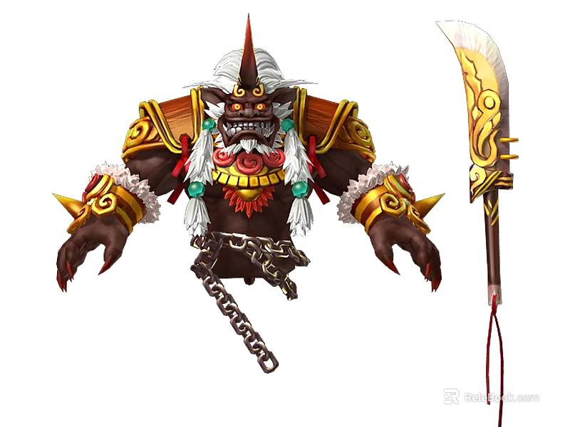 Detailed Decorative Doll with Red Horns White Hair Golden Decorations Holding Chain and Big Sword 3d model 