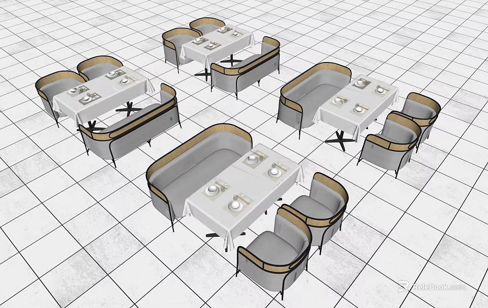 Modern Upholstered Dining Chairs Arranged With Tables In Restaurant Interior Layout 3d model