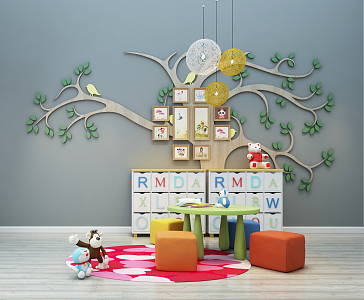 Modern Children's Table and Chair Number Modeling Wall Art Sketch Children's Cabinet 3d model