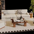 Modern Oriental Sofa and Wooden Coffee Table Set with Cushions Decorative Screen and Green Plant