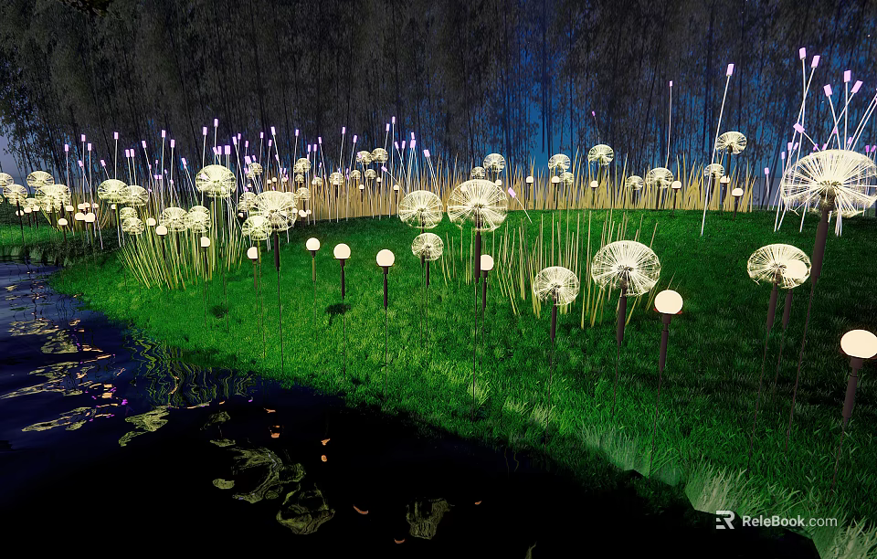 Dandelion Shaped Outdoor Lights in Nighttime Garden with Grass and Water Reflection 3d model 
