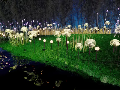Dandelion Shaped Outdoor Lights in Nighttime Garden with Grass and Water Reflection 3d model