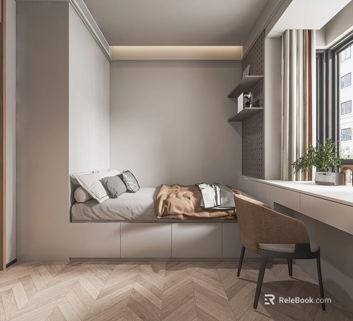 Modern Tatami Bedroom Interior Design With Built in Storage Desk Chair And Window Shelf 3d model 