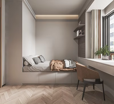 Modern Tatami Bedroom Interior Design With Built in Storage Desk Chair And Window Shelf 3d model