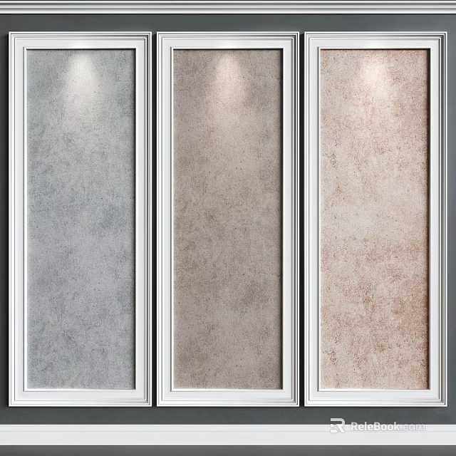 Textured Wall Panels In Gray Brown Light Pink With White Frames And Overhead Lighting 3d model 