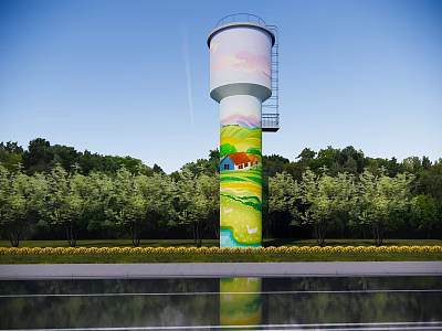 Painted Water Tower With Colorful Mural Surrounded By Green Trees And Reflection On Water Surface 3d model