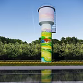 Painted Water Tower With Colorful Mural Surrounded By Green Trees And Reflection On Water Surface