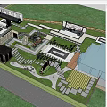 Overhead View Lush Courtyard Garden Landscape With Greenery Water Features Paved Paths And Seating Areas