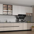 Modern Kitchen Interior Featuring White Upper Gray Lower Glass Door Cabinets And Black Countertop