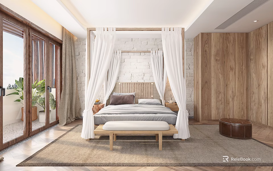 Cozy Bedroom Interior With Canopy Bed White Curtains Wooden Walls And Stone Accent 3d model 