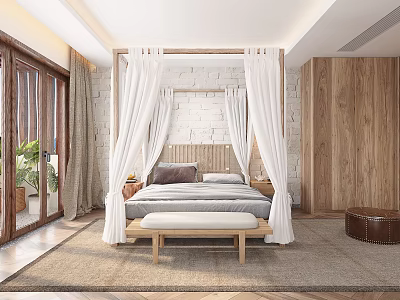 Cozy Bedroom Interior With Canopy Bed White Curtains Wooden Walls And Stone Accent 3d model