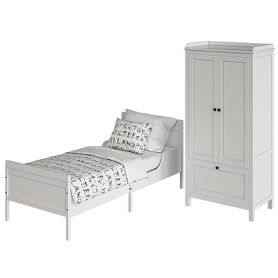 Single Bed With White Frame Patterned Bedding Pillows And Matching White Wardrobe 3d model