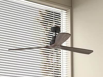 Modern Air Conditioning Ceiling Fan With Wooden Blades Near Window Blinds 3d model