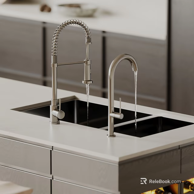 Modern Black Quartz Kitchen Sink With Double Bowl Pull Down Faucet And White Countertop 3d model 