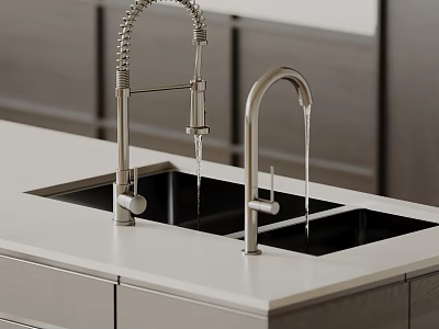 Modern Black Quartz Kitchen Sink With Double Bowl Pull Down Faucet And White Countertop 3d model