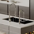 Modern Black Quartz Kitchen Sink With Double Bowl Pull Down Faucet And White Countertop