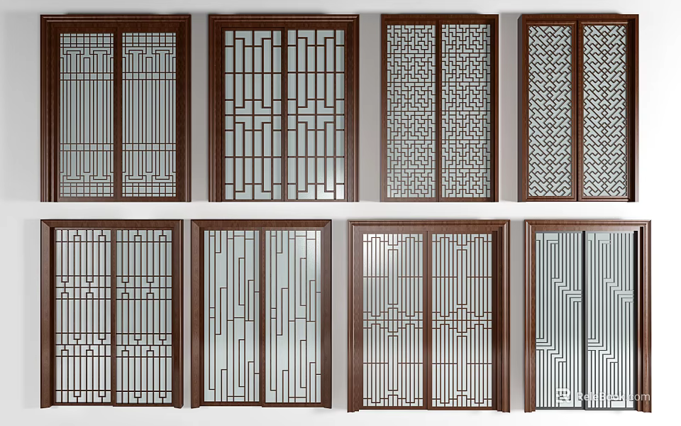 Various Decorative Sliding Doors With Wooden Frames And Geometric Glass Patterns 3d model