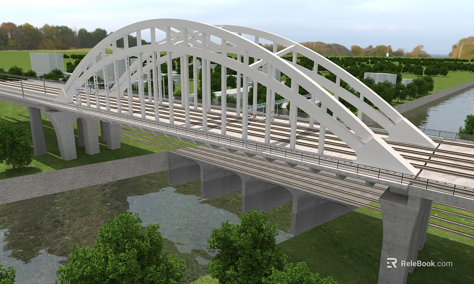 Modern White Arch Bridge With Multiple Arch Structures Over River And Green Vegetation 3d model 