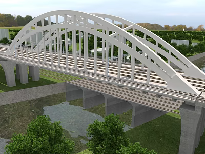 Modern White Arch Bridge With Multiple Arch Structures Over River And Green Vegetation 3d model