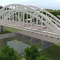Modern White Arch Bridge With Multiple Arch Structures Over River And Green Vegetation 3d model