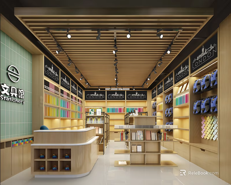 Organized Stationery Store Interior With Wooden Shelves Colorful Stationery Products Bright Lighting And Front Counter 3d model 