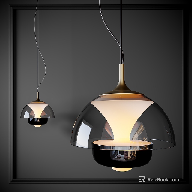 Two Sleek Modern Pendant Lights With Glass Dome Shades And Metal Frames Warm Glow 3d model 