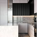 Modern Kitchen Interior With Gray Cabinets Island Counter Black Vertical Striped Backsplash And Appliances