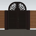 Dark Brown Double Door Entrance Gate With Arched Decorative Cutout And Striped Wall Panels