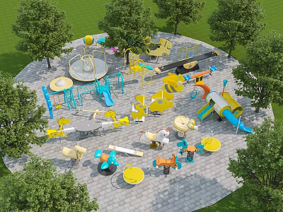 Outdoor Playground Equipment Featuring Yellow Blue Slides Swings And Trees On Paved Ground 3d model