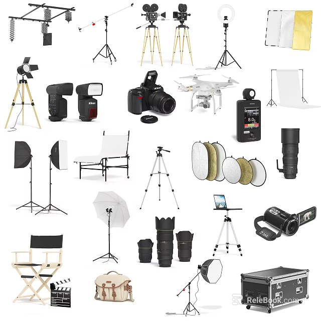 Commercial Photography Equipment Including Camera Tripod Lighting Drone Reflectors And Lenses 3d model 