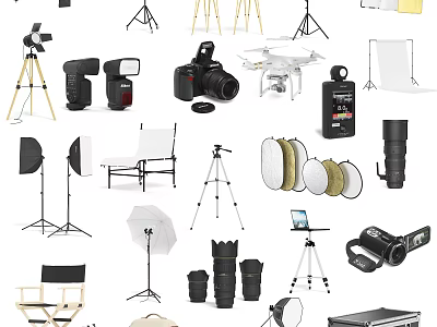 Commercial Photography Equipment Including Camera Tripod Lighting Drone Reflectors And Lenses 3d model