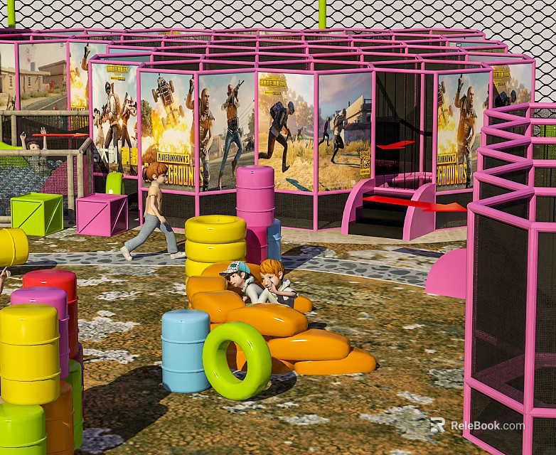 Hotel Guest Room Featuring Childrens Play Area With Pink Net Structures Colorful Tires 3d model 