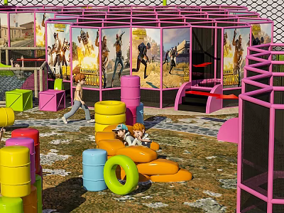 Hotel Guest Room Featuring Childrens Play Area With Pink Net Structures Colorful Tires 3d model