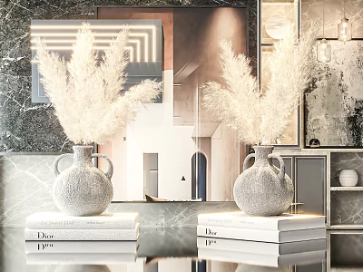 Two Gray Textured Vases With White Pampas Grass On Stacked Books Modern Interior Decorative Setup 3d model