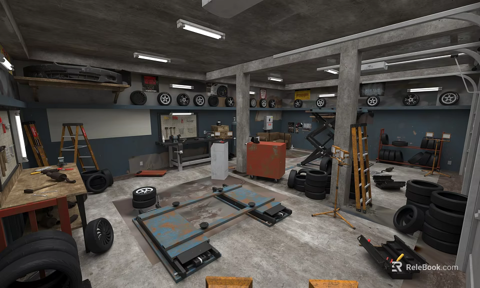Automotive Specialty Store Interior Featuring Car Lift Tires Tools Ladders And Tool Cabinets 3d model 