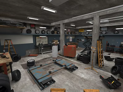 Automotive Specialty Store Interior Featuring Car Lift Tires Tools Ladders And Tool Cabinets 3d model