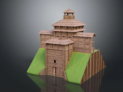 Cartoon Castle Scene With Wooden Towers Green Slopes And Traditional Roof Design 3d model