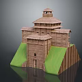 Cartoon Castle Scene With Wooden Towers Green Slopes And Traditional Roof Design