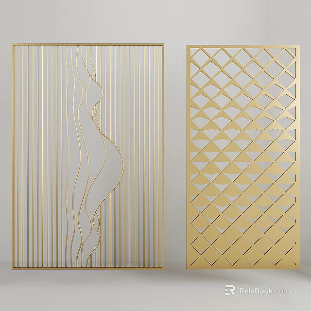 Golden Decorative Partition with Wavy Lines and Diamond Lattice Patterns for Modern Interior Design 3d model 