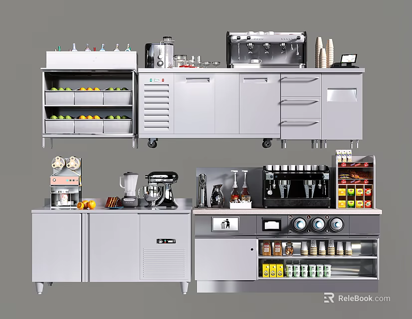 Stainless Steel Commercial Kitchen Equipment With Cabinets Coffee Machines And Spice Racks 3d model 