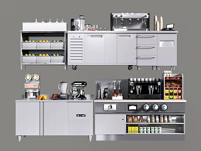 Stainless Steel Commercial Kitchen Equipment With Cabinets Coffee Machines And Spice Racks 3d model