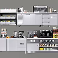 Stainless Steel Commercial Kitchen Equipment With Cabinets Coffee Machines And Spice Racks