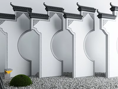 Traditional Chinese Garden Wall With Arched Openings Eaves Ornaments And Pebble Ground 3d model