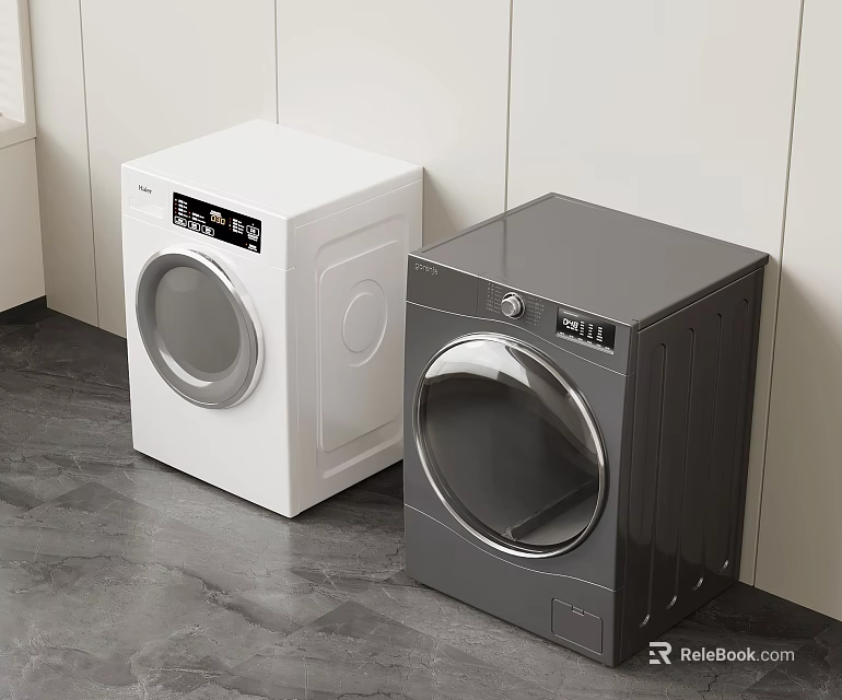 Modern White And Gray Front Load Washing Machines In Laundry Space 3d model 