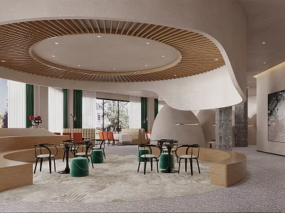Modern Leisure Area Interior With Curved Wooden Ceiling And Green Round Padded Stools 3d model