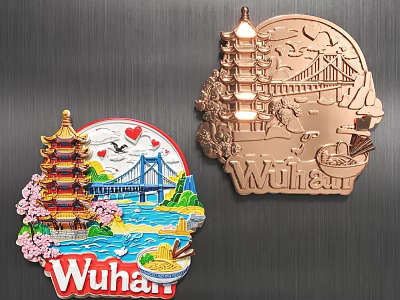Wuhan Souvenir Badges Featuring Tower Bridge Cherry Blossoms And Noodles 3d model