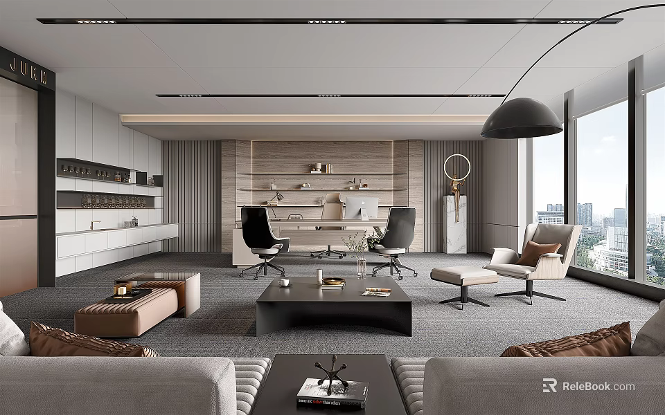 Elegant Modern Office Interior Design With Sofa Coffee Table And City View Windows 3d model